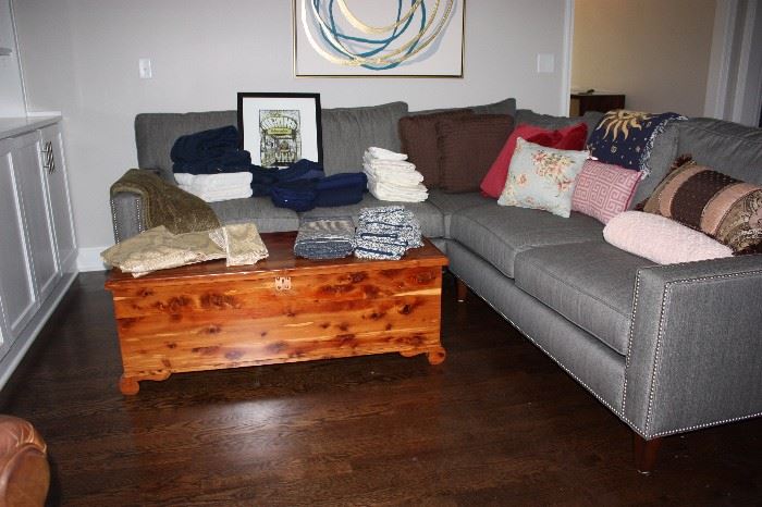 Cedar chest and linens (sofa is not for sale)