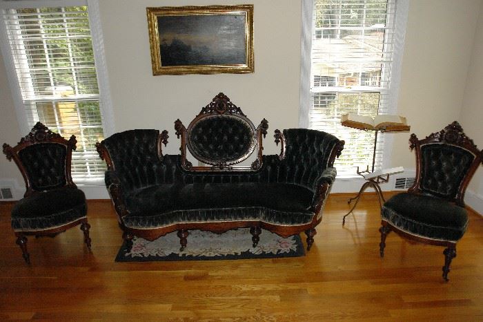 Period Victorian Belter - Style Parlor Set with Carved Walnut Accents - Sofa and Chairs 