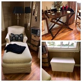 White Storage Ottoman, Bar Tray & Chaise lounge chair