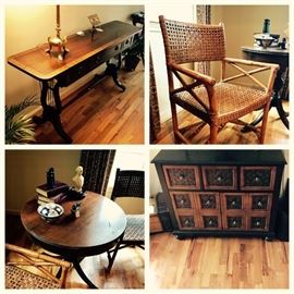 Vintage Mahogany Drum Table, Woven Leather Rattan Chairs (2)