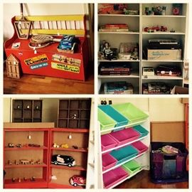 Classic Wood Handle Tennis Rack (3), Polly Pocket (large tote FULL), Wood Bench Toy Box, Vintage Board Games