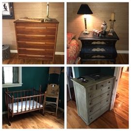 Mid Century Dresser, Vintage Wood Bassinet & Wood Highchair, Bombay Style Small 3 Drawer Dresser