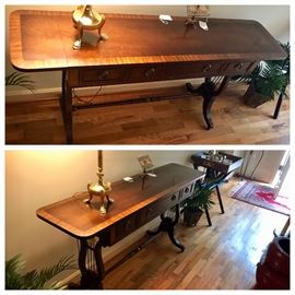 Antique Mahogany Lyre Dropleaf Inlaid Sofa Table WOW