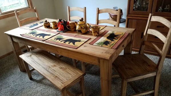 Rustic Pine Table with 4 Chairs and Bench