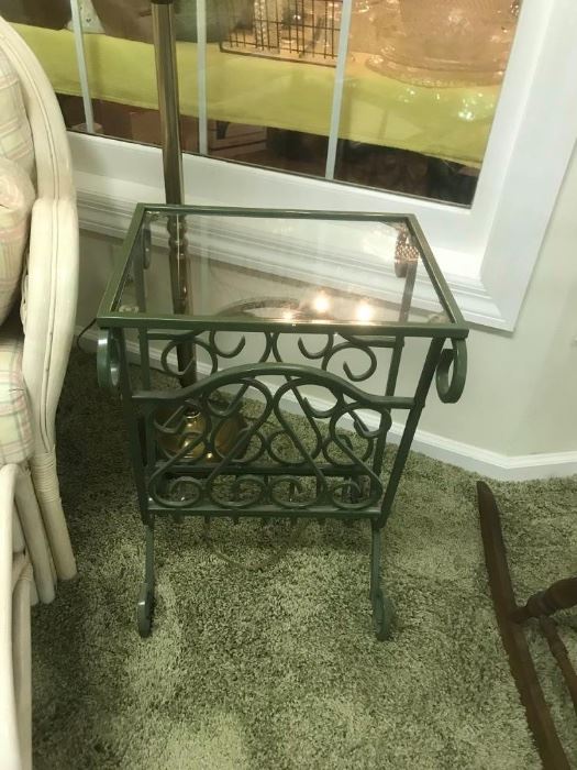#11	Green Metal End Table with Glass Top  16x12x24	 $75.00 	