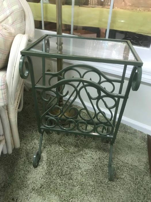 #11	Green Metal End Table with Glass Top  16x12x24	 $75.00 	