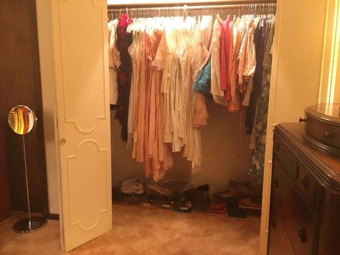 A closet full of shoes, and fancy vintage and antique lingerie from bras, chemises, full and half slips, to nightgowns, bed jackets, and robes!