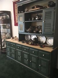 Hallway first  Heywood-Wakefield hutch and cabinet filled with silverplate fancies and oriental treasures!