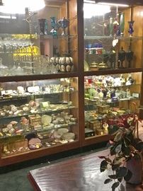 2 fantastic mirror back lighted display showcases filled with antique and collectible treasures!