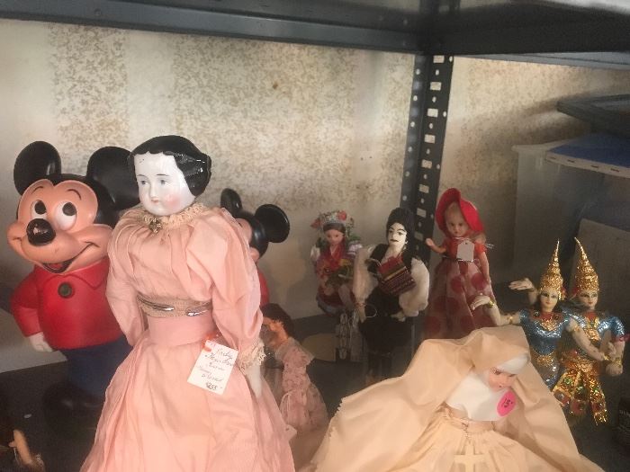 DOLLS - ANTIQUE CHINA HEAD DOLLS, MICKEY MOUSE, FOREIGN DOLLS, AMERICAN BEAUTY, AND MORE