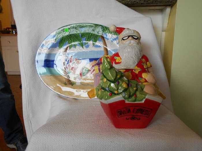 Rare, Hard to Find, Coastal Holiday, Santa Express, Tropical Boat, Ceramic Cookie Jar, Designed by Paul Brent for Oneida. 