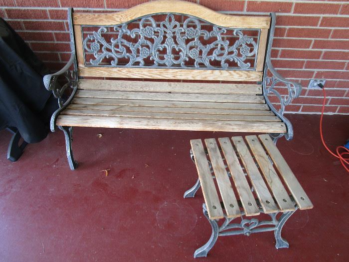 Cast Iron and Wood Bench and Table