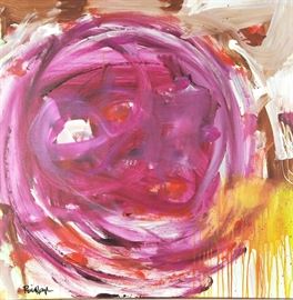 Robbie Kemper Original Acrylic on Canvas "Magenta-ish Circle": An original abstract acrylic painting on canvas by contemporary American artist Robbie Kemper (Cincinnati, Ohio; born 1957). This original abstract painting has a circular magenta field with underpainting in warm tones. This work is not framed but equipped to hang. Kemper studied art at the University of Cincinnati College of Design, Art, Architecture and Planning, and is currently a studio resident at the Pendleton Art Center in the historic district of Over-the-Rhine, Cincinnati, Ohio. For more information on the artist, please visit the link provided under Additional Information. See more at: robbiekemper.com