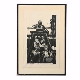 Harold Bernard Isen Limited Edition Woodblock Print "Guardians of Liberty": A hand-pulled woodblock print by listed artist Harold Bernard Isen (born 1940) titled “Guardians of Liberty.” This print, created in 1965, depicts an upward-looking perspective of three men; one standing on a tall podium with his hand to his chest and two others wearing shirts and ties beneath him. To the background are stars and stripes reminiscent of an American flag. The print is titled, signed, and marked A/P (artist’s proof) in graphite along the bottom margin and is housed in a black wooden frame with off-white matting.