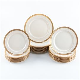 Lenox "Lowell" Plates: A selection of Lenox Lowell plates. This selection includes ten dinner plates, ten luncheon plates, and ten salad plates featuring an embossed designed gold encrusted trim and a gold verge. Each piece is marked “Lenox Tiffany & Co.” to the base.