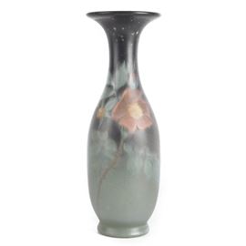 1901 Floral Rookwood Pottery Vase: A 1901 Rookwood Pottery floral vase. This green ombre floral vase has a flared opening, long neck, and oval body. The verso is marked pattern No. 608, is dated I (1901), and features Rookwood flame hallmark. An “X” to the underside indicates that the vase is a factory second.