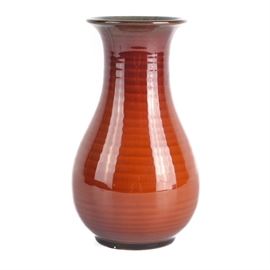 1932 Rookwood Pottery Vase: A 1932 Rookwood Pottery vase. The highly glazed burnt orange violin shaped vase has a horizontal design with a dark brown interior. The verso is hallmarked with the Rookwood flame, is dated XXXII, and features an impressed “S”.