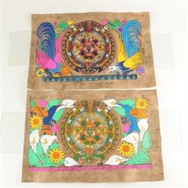 Pair of Mixed Media on Paper Mayan Inspired Calendars