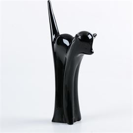 Marcolin Crystal Art Cat: A Marcolin crystal art cat. This black feline features a sculpted face, elongated legs, arched back, and straightened tail. A sticker with the words “Genuine Handmade in Sweden, Marcolin Art Crystal” graces the base of the piece.