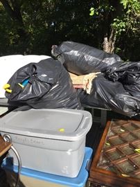 Bins & bags full of art supplies and stuffed animals