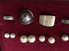 Sterling silver rings and pearl earrings