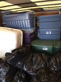 Bins full of holiday decor