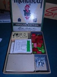 1951 Monopoly Game games pieces, no board, with red house painted gilt letters