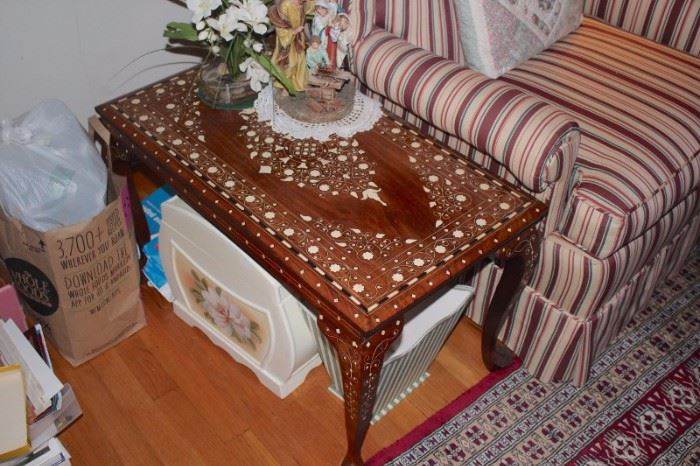 Inlaid Table and Upholstered Chair