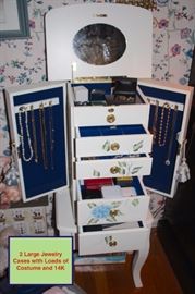 2 Large Jewelry Cases with Loads of Costume Jewelry and 14K