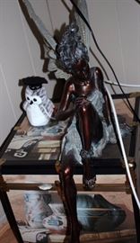 Large Fairy Figurine and Bric-A-Brac on Wood/Glass/Metal Table