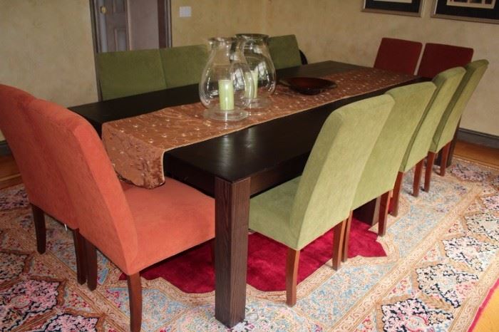 Dining Room Table with 10 Upholstered Chairs with Rug, Table Runner and Pair of Hurrican Lamps