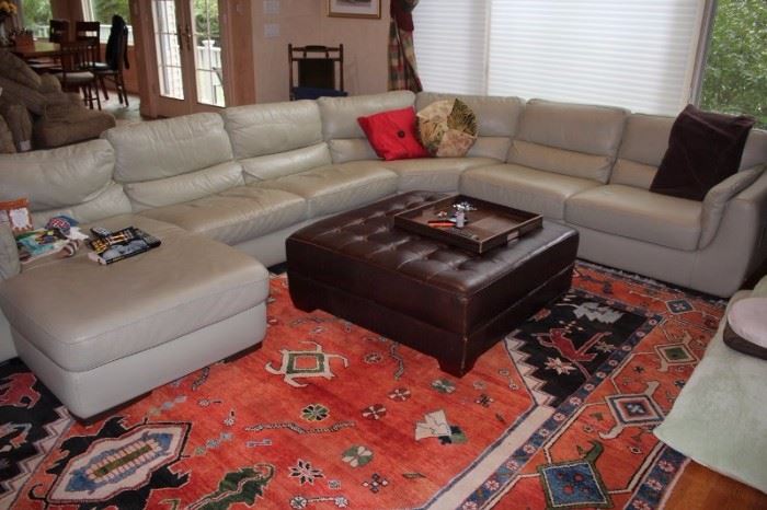 Gray  Sectional, Large, Brown Square Tufted Ottoman and Rug