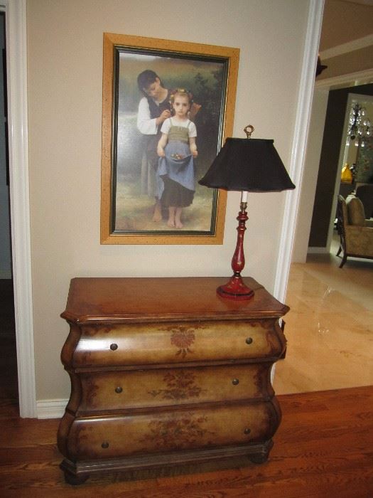 3 drawer painted chest, lamp and framed print
