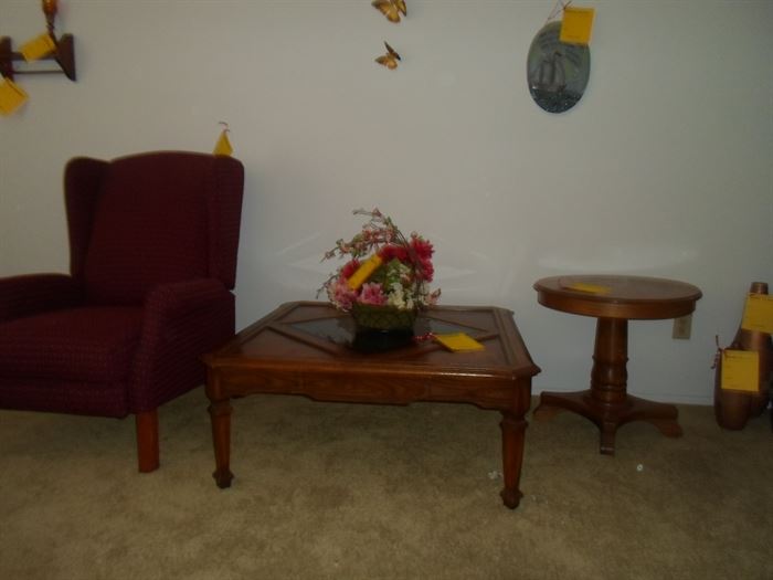Wing Back Reclining Chair and Assorted Tables