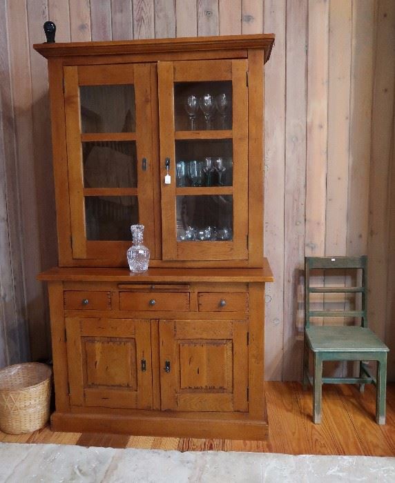 Primitive pine cupboard and painted green chair