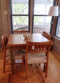 Danish Modern teak draw-leaf table; chairs from Viet Nam