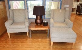 Pair of taupe upholstered chairs and ottoman.  Custom crafted pine side table, by Bill Block.