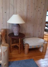 Leather top round tables and rattan lamps