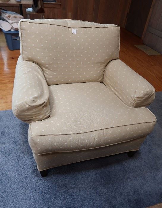 Custom upholstered arm chair, taupe polka dot