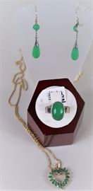 14k Crystophase earrings and ring and Emerald necklace