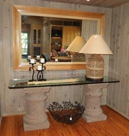 Cantera and glass table; mirror hand crafted by Bill  Block