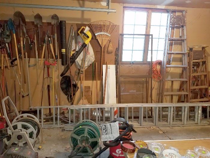 Ladders, tools, garage misc