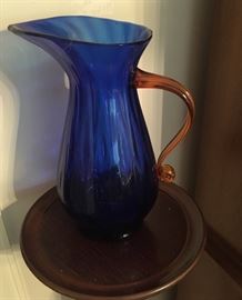 Hand Blown Blue and Amber Glass Pitcher