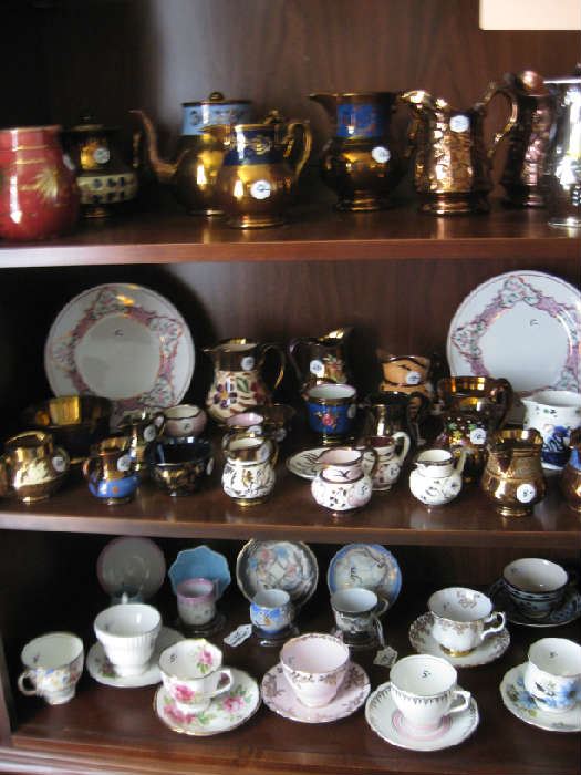 collection of copper lustre, 2 lithophane cups & saucers on left