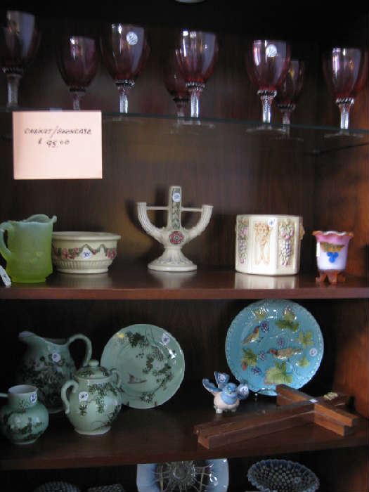 cranberry goblets, Weller pottery, Kay Finch bird, Celedon