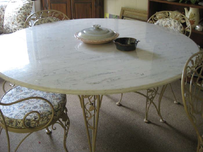 Woodard marble top table, 2 more chairs could be added