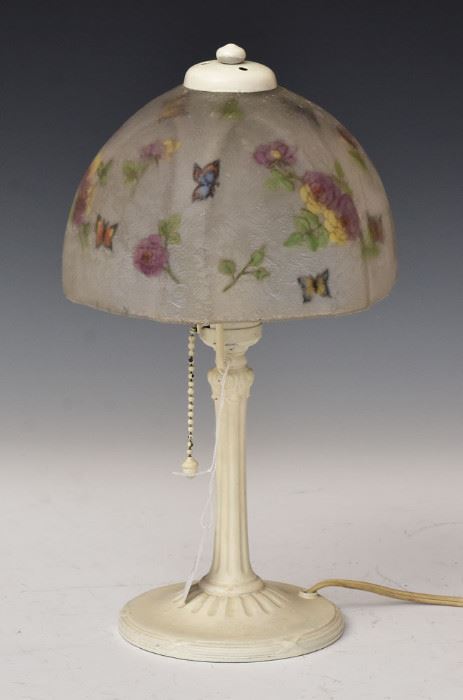 Handel Boudoir Lamp
 shade decorated with butterflies and flowers
7" diameter shade, 12 1/2" high overall
base and shade signed