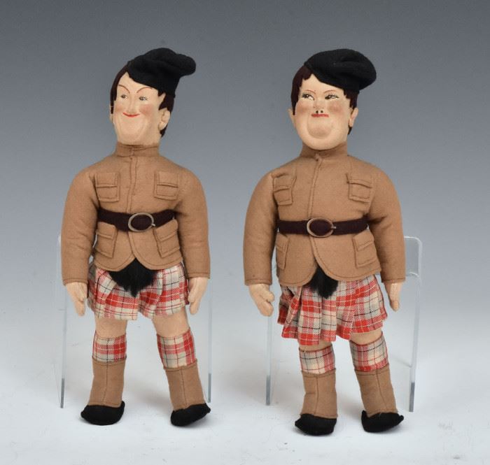 Laurel and Hardy Felt Dolls
made in Italy, 10 1/2" long
early 20th century
