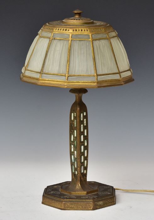 Tiffany Studios Desk Lamp
Abalone pattern with glass 
linen fold shade
16 1/2" high, 9 1/2" diameter shade
early 20th century