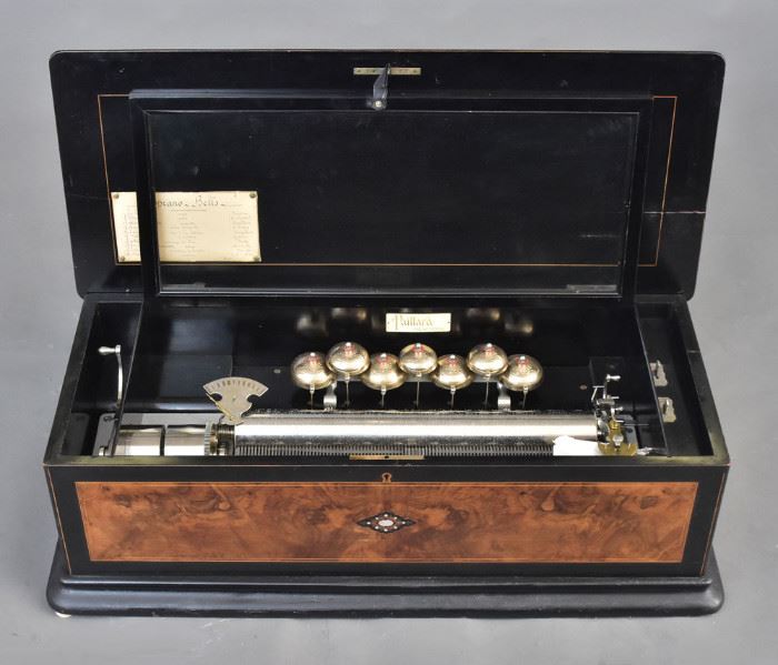 Paillard Cylinder Music Box
with 18" cylinder and seven bells
inlaid mother of pearl case, 
33" x 14", 10 1/2" high
plays 10 songs
late 19th century